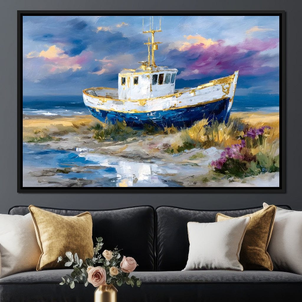 Coastal Boat Under Violet Sky - Image 2
