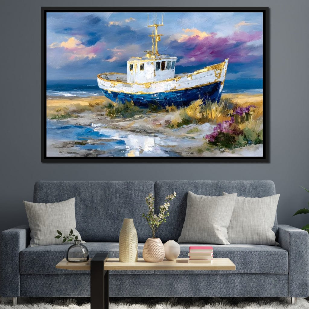 Coastal Boat Under Violet Sky - Image 3