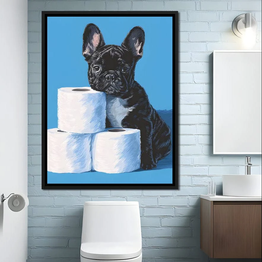 Frenchie Guarding Toilet Rolls