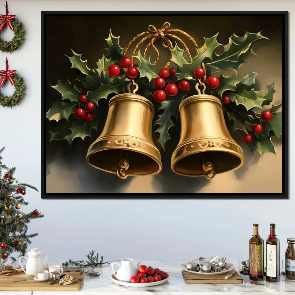 Golden Christmas Bells and Holly - Image 2