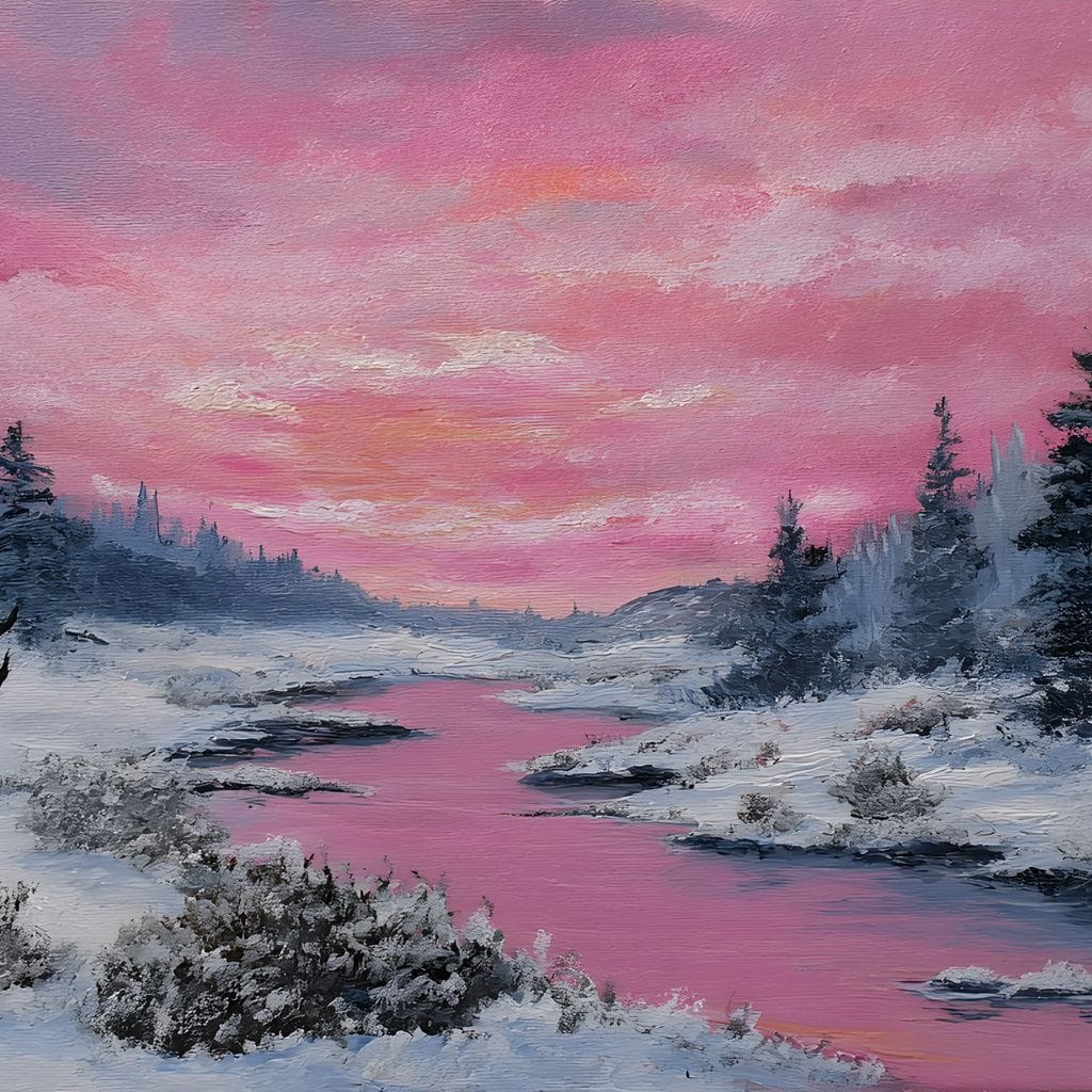 Pink Sunset Winter River Elk - Image 15